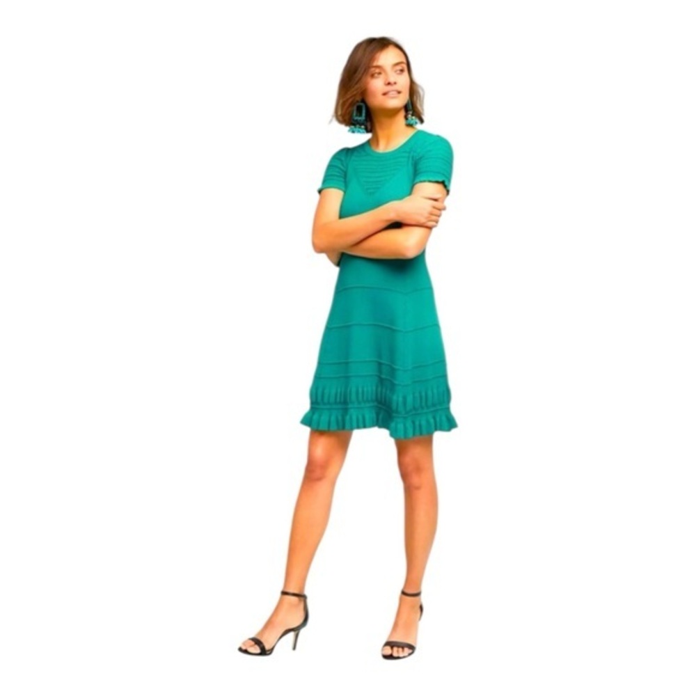 Maeve Anthropologie Green Pointelle Knit Fit & Flare Dress Feminine Spring M